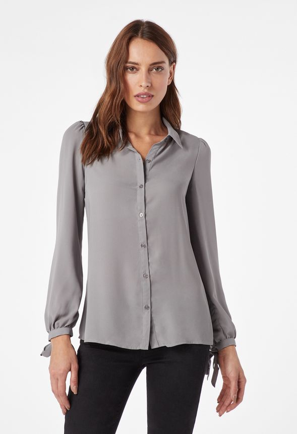 Tie Sleeve Detail Blouse in Gray - Get great deals at JustFab