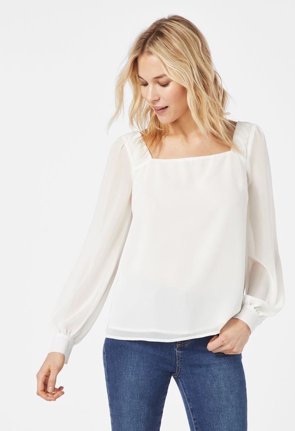 Square Neck Blouse in Off-White - Get great deals at JustFab
