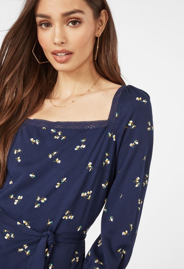 Square Neck Blouse in Dark Indigo Multi - Get great deals at JustFab