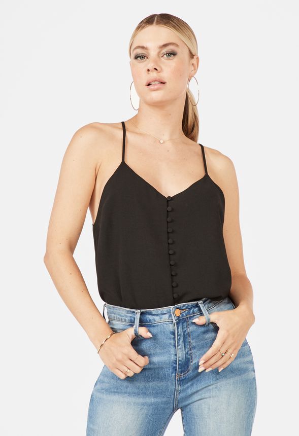 Button Front Tank in Black - Get great deals at JustFab