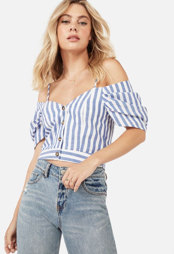 Stripe Cold Shoulder Top in Blue/White Multi - Get great deals at JustFab