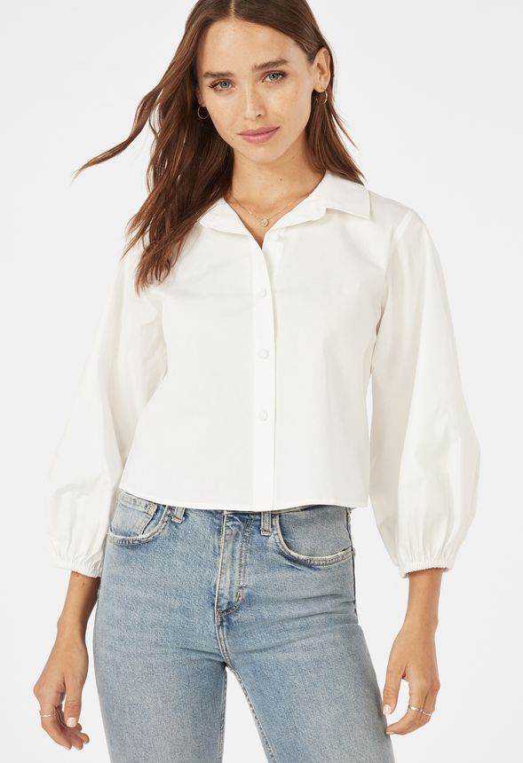 Puff Sleeve Poplin Top in White - Get great deals at JustFab