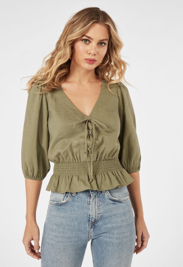 Linen Lace-Up Top in Capulet Olive - Get great deals at JustFab