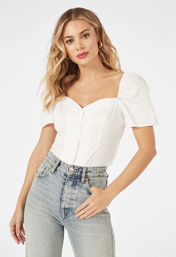 Poplin Puff Sleeve Top in White - Get great deals at JustFab