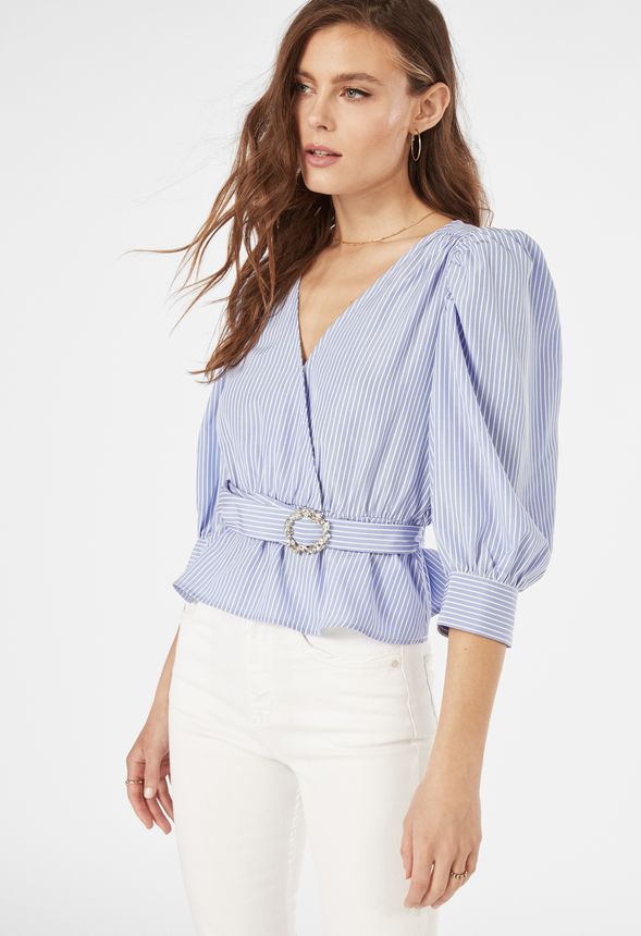 Striped Puff Sleeve Top in Blue Multi - Get great deals at JustFab