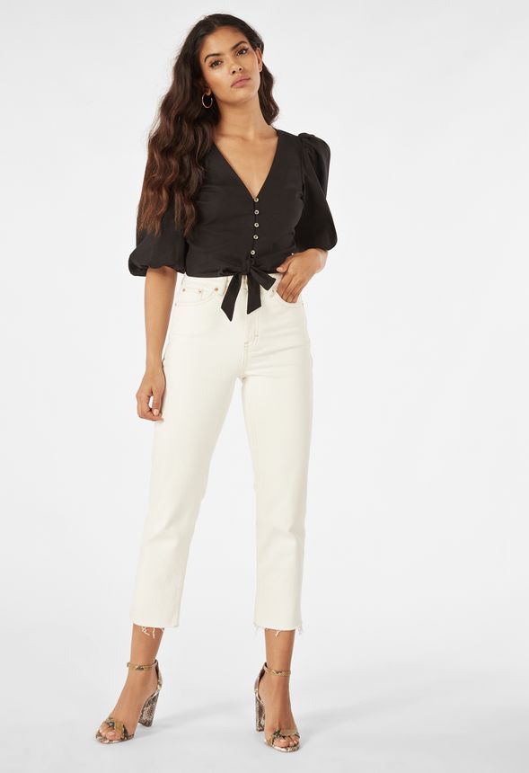Puff Sleeve Tie Front Top Plus Size in Black - Get great deals at JustFab