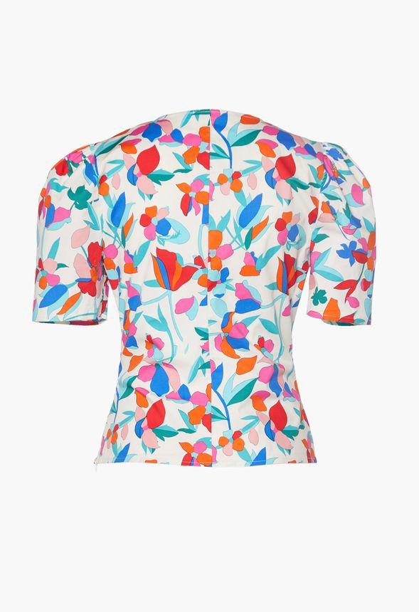 Puff Sleeve Surplice Top Clothing in Floral/ Blue Multi - Get great ...