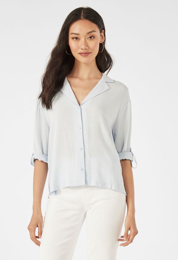 Button Front Linen Top in Light Blue Denim - Get great deals at JustFab