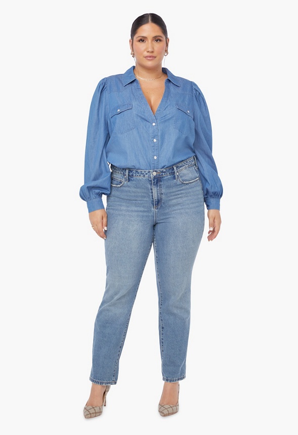 Plus Size Balloon Sleeve Chambray Shirt Plus Size in MEDIUM WASH