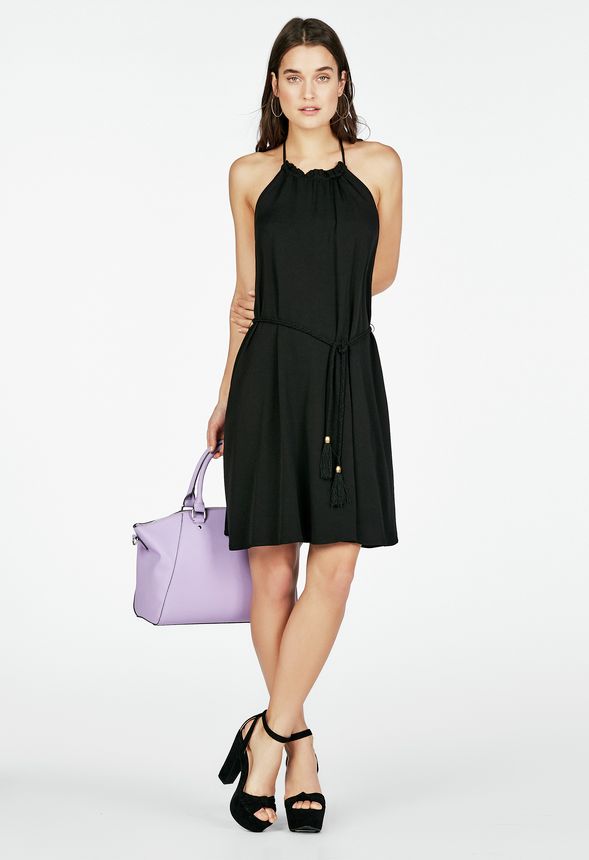 Ruffle Neck Halter Dress in Black - Get great deals at JustFab